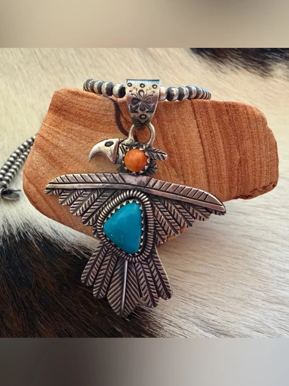 ❤️ Kingman Turquoise Spiny Oyster Thunderbird Navajo Sterling Statement Pendant